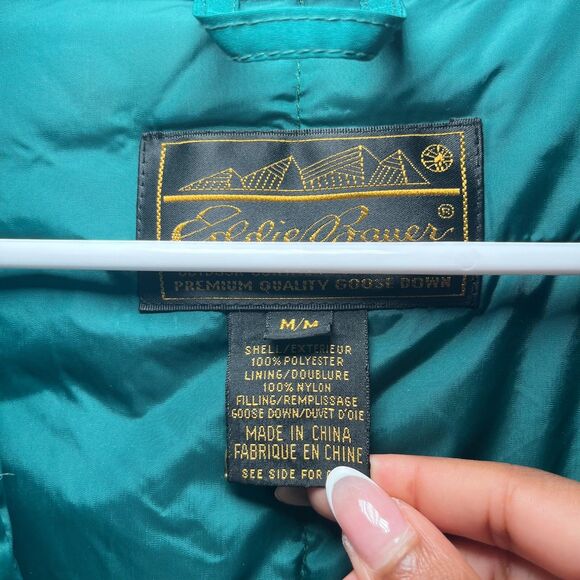 Eddie Bauer Down Jacket Coat Goose Winter Snow Long Hooded Vintage Green Men M - Picture 4 of 6